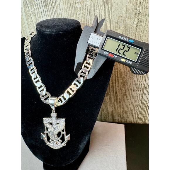 Moissanite Anchor Pendant, 24" 12mm GG Link Silver Chain - Picture 7 of 9